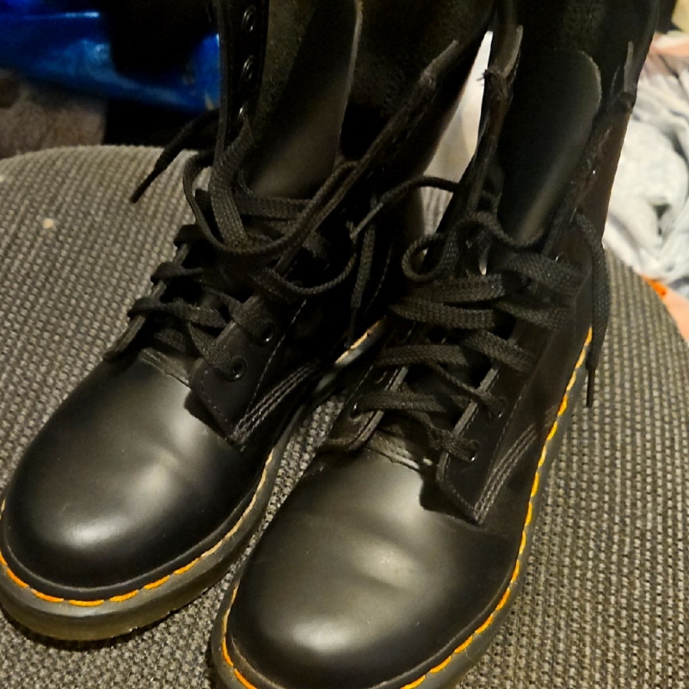 Black Lace-Up Boots with Yellow Stitching